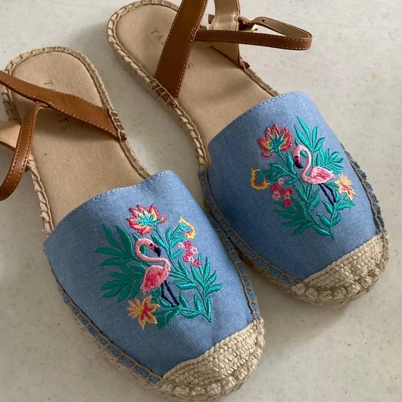 Talbots Blue & Tan Flamingo Embroidered Espadrilles - Picture 1 of 8